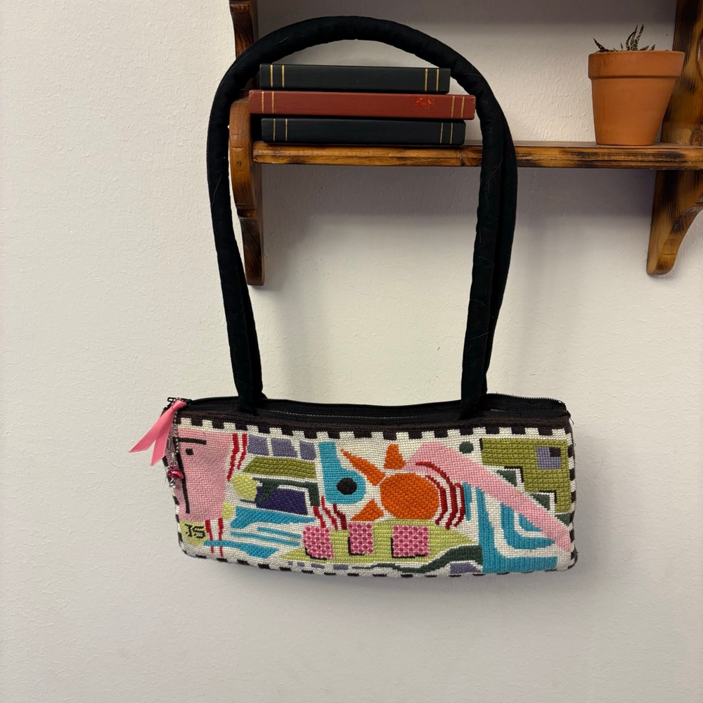 Needlepoint Shoulder Bag Geometric Abstract Tapestry Purse Black Handles